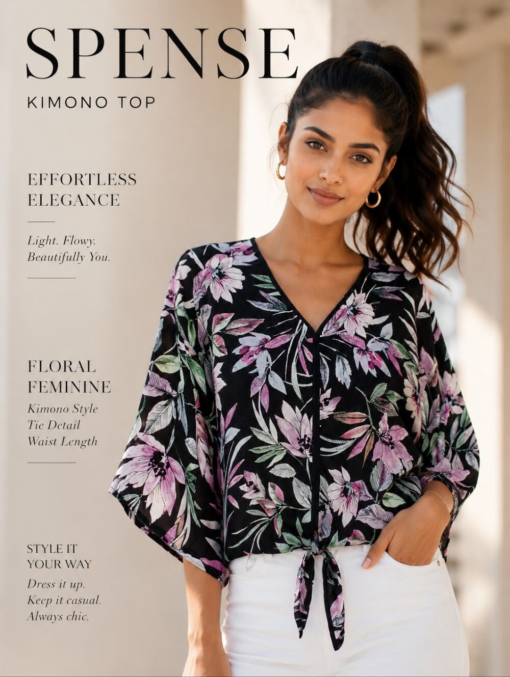 SPENSE Kimono Style V-Neck Blouse Tropical Print Size M (Fits 12-1…
